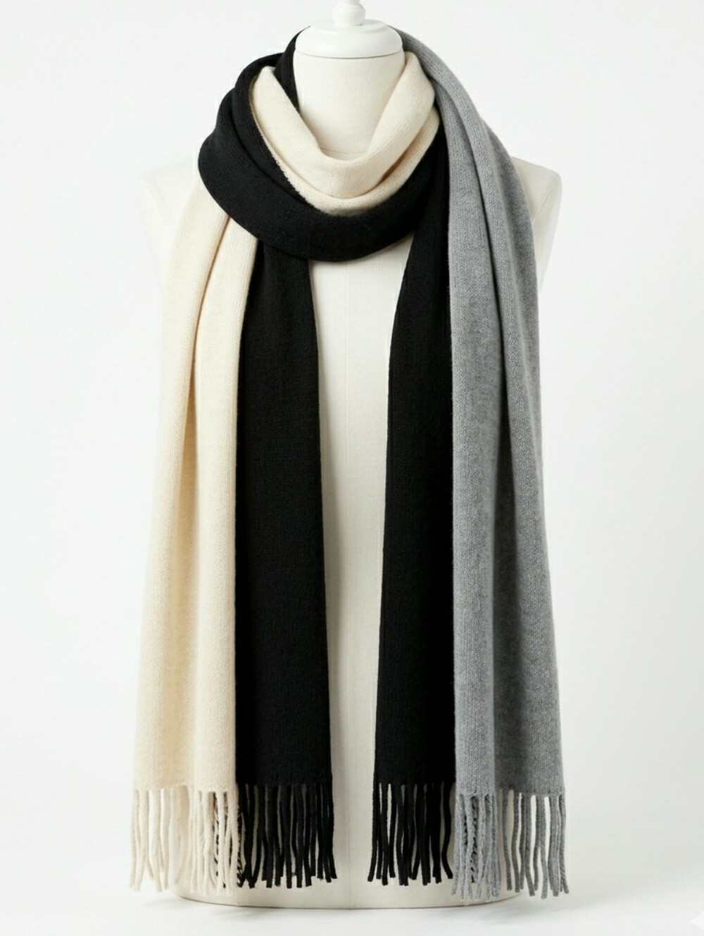 DONNI Tri-Color Colorblock Blanket Scarf Black Gray Cream Fringed Wrap